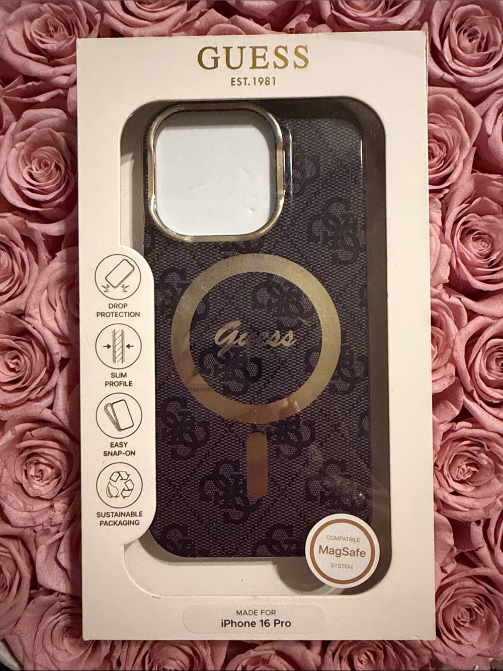 GUESS iPhone 16 Pro Case in Dark Brown with Gold Logo Accent